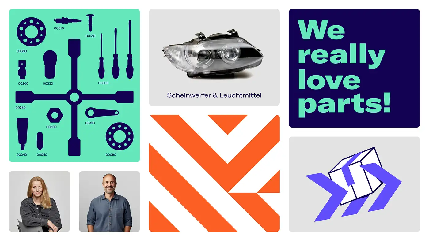 kfzteile24 brand elements \u2014 numbered part silhouettes, a headlight, an orange road mark and the line We really love parts