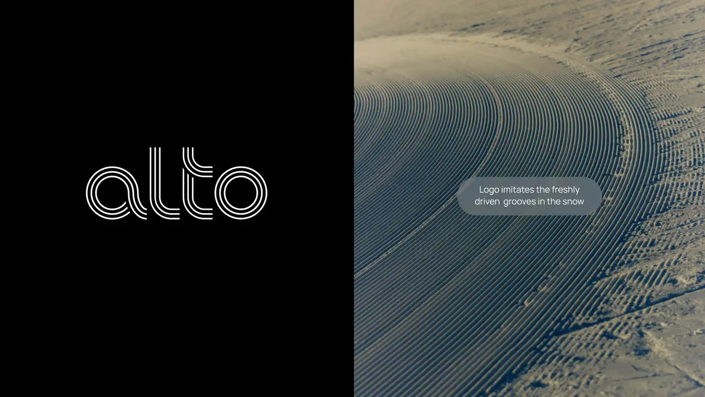 The Alto wordmark in fine parallel lines beside an aerial view of grooves in freshly groomed snow