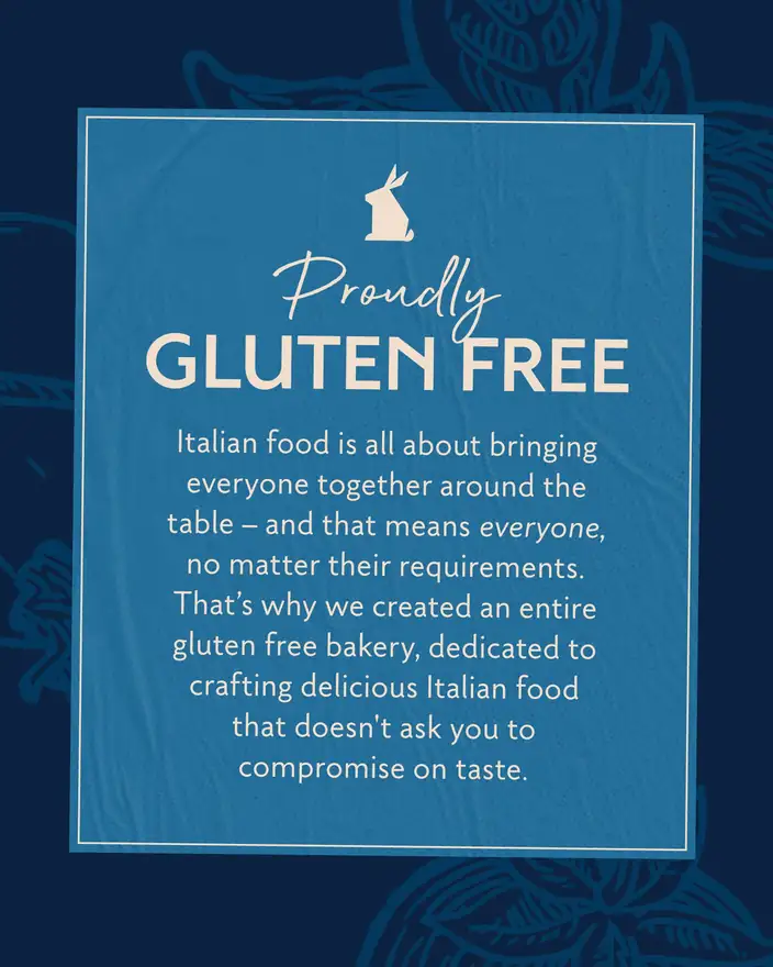 A White Rabbit social tile reading Proudly Gluten Free, explaining the dedicated gluten-free bakery