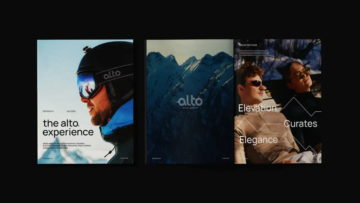 Three Alto magazine covers on black \u2014 a skier in goggles, a mountain range with the wordmark, and an editorial spread reading Elevation, Curates, Elegance
