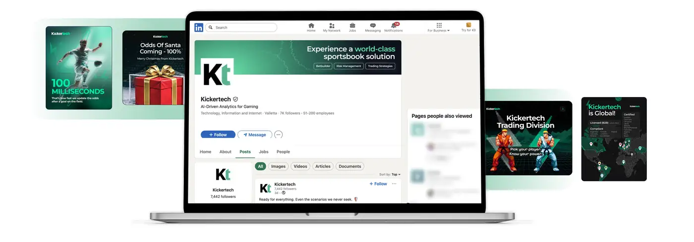 The Kickertech LinkedIn company page on a laptop surrounded by black and mint green post designs