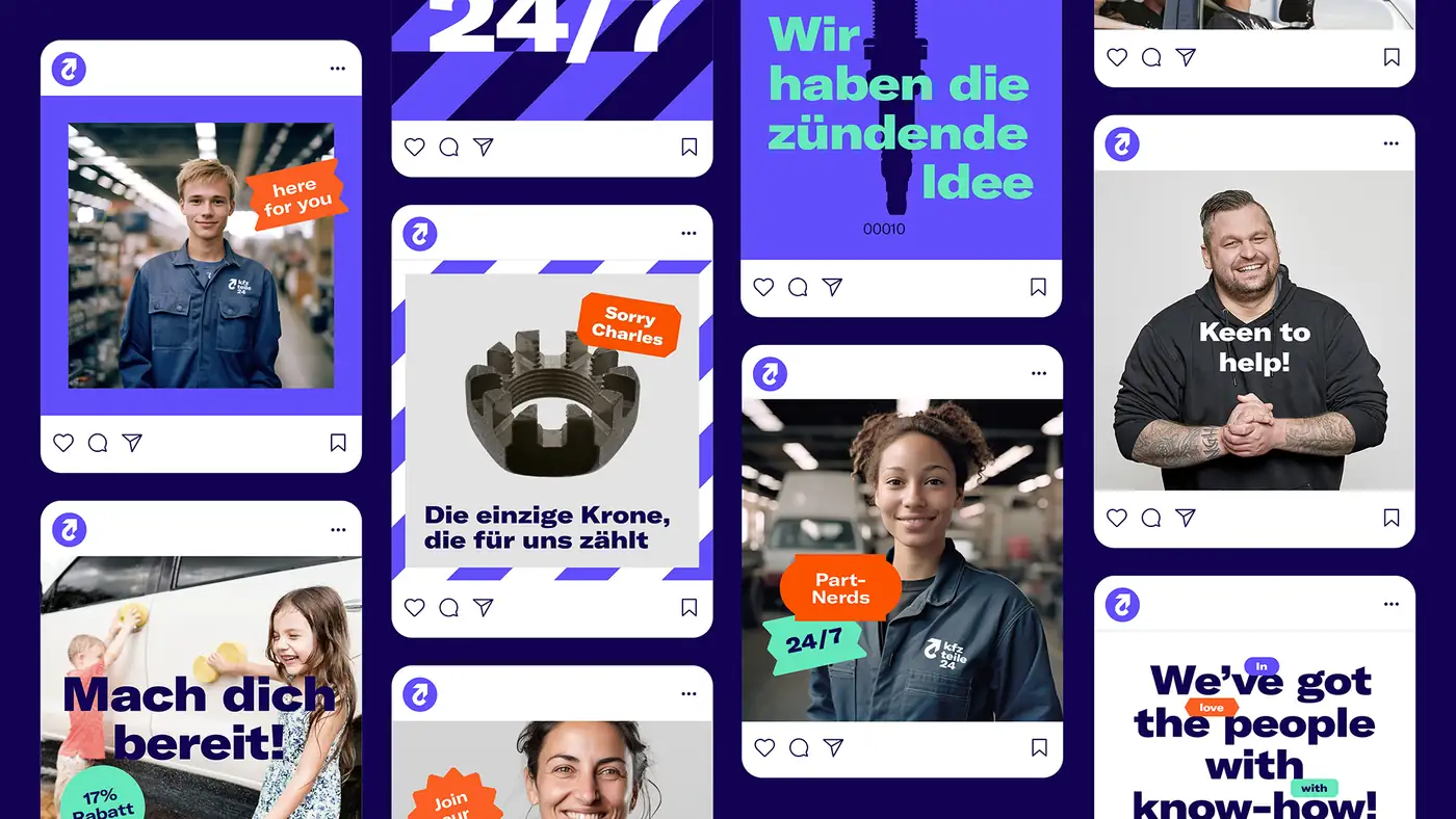 A grid of kfzteile24 social posts featuring staff portraits, spark plug headlines in German and orange sticker callouts