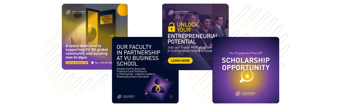 Four VU Business School LinkedIn post designs in purple and gold, covering the global community space, faculty partnerships, an MBA programme and a scholarship opportunity