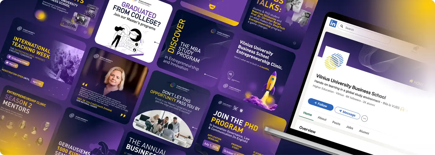 A wall of VU Business School social posts in purple and gold beside the school's LinkedIn company page on a laptop